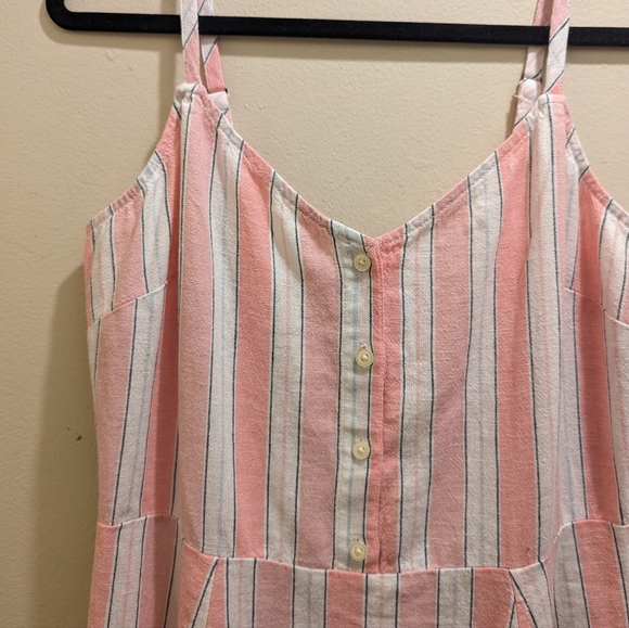 GAP Sleeveless V-Neck Button Front Linen Blend Pink & White Stripe Mini Dress- M - Picture 7 of 11